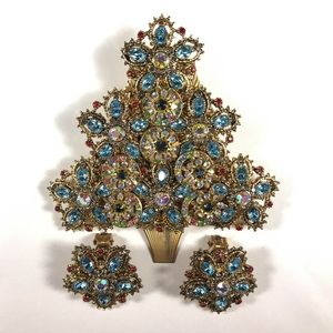 SET of Christmas Tree Brooch and Earrings Suite.